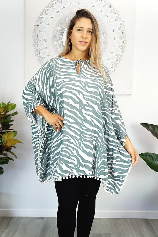 Grey Zebra Pom Pom Maya Top Tunic KaftanOSFA 14-26