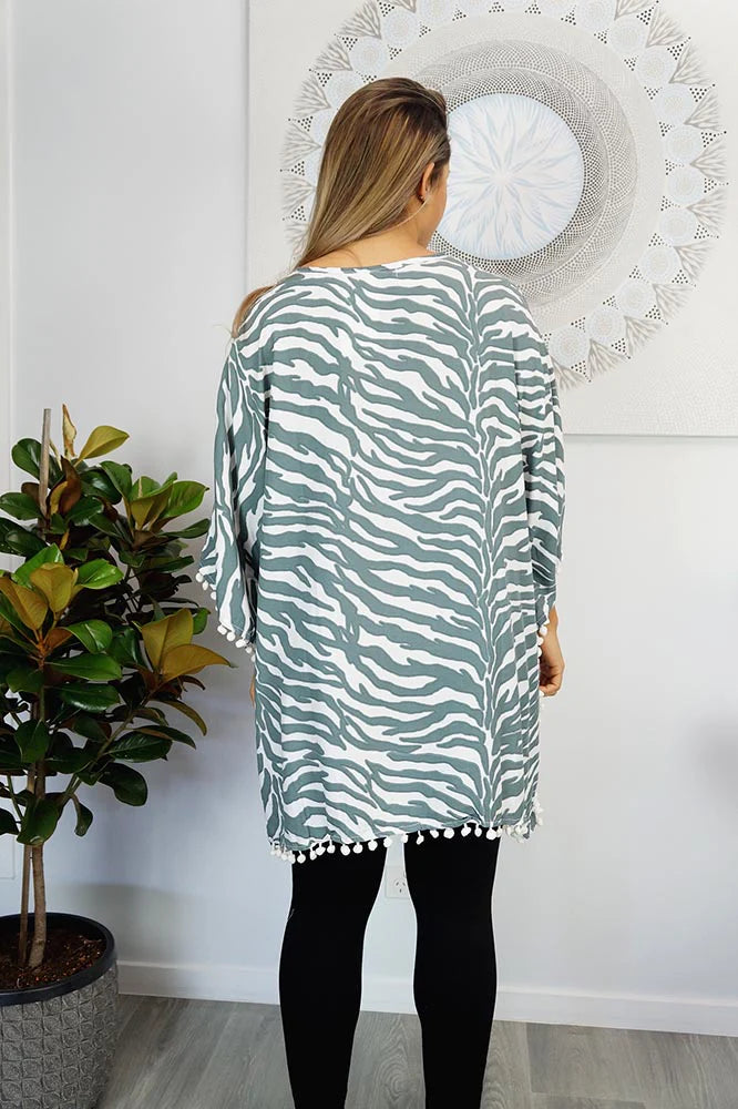 Grey Zebra Pom Pom Maya Top Tunic KaftanOSFA 14-26