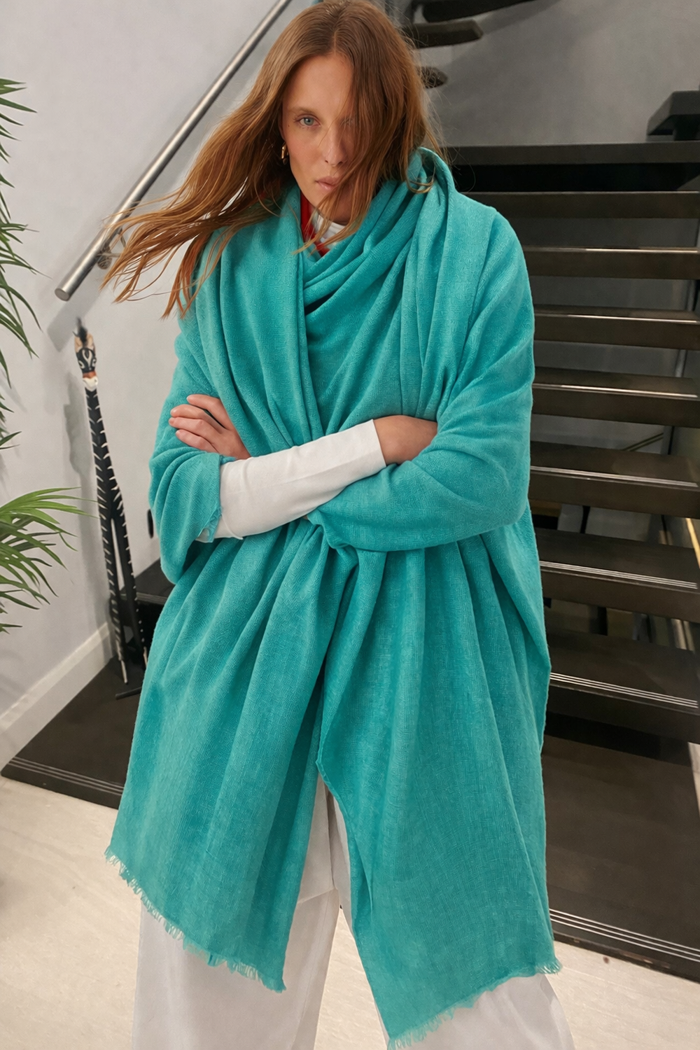 Teal Green Julian handwoven pure Cashmere Travel Wrap