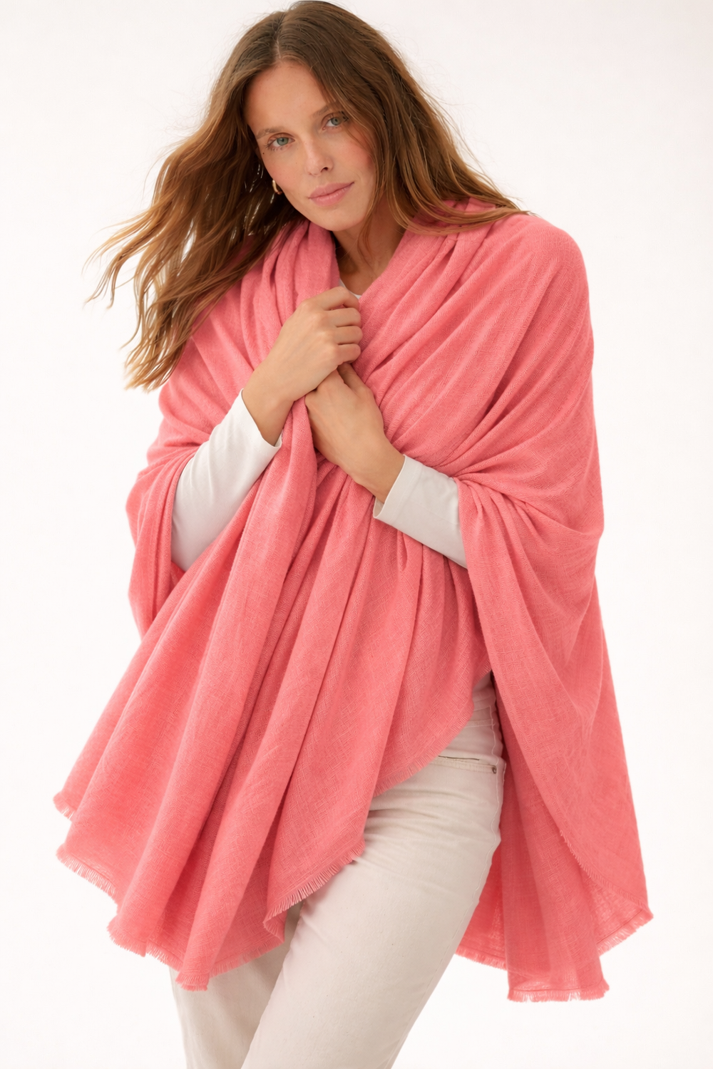 Julian handwoven 100% Cashmere oversized shawl / Scarf/ Wrap - Peach Pink