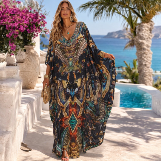 Black Brown Roylasa Maya Mix Silk Embellished Bling Kaftan.            Sizes Available AU 12-32