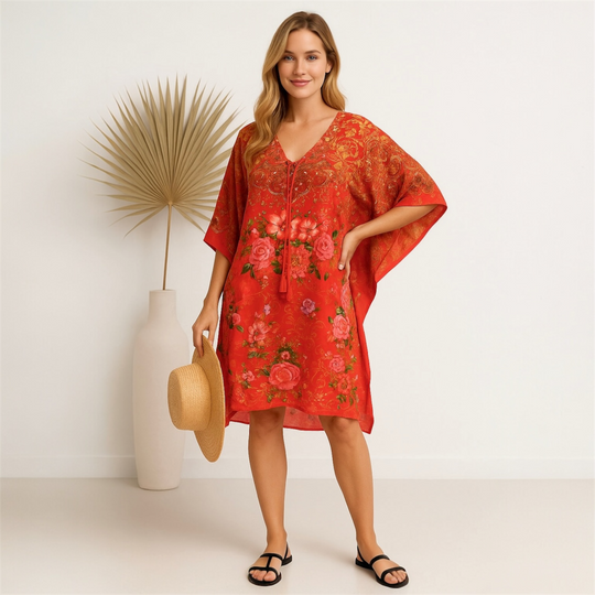Maya Red Embellished Short Kaftan Tunic Top One Size 10 to 22 (Copy)