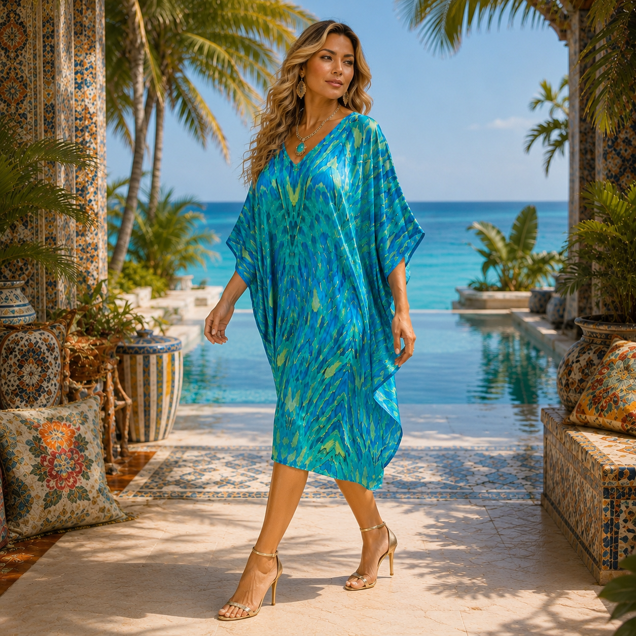 Maya Mid Length Rayon Kaftan Top Tunic Sizes Available AU 14-30-    Azure Plume
