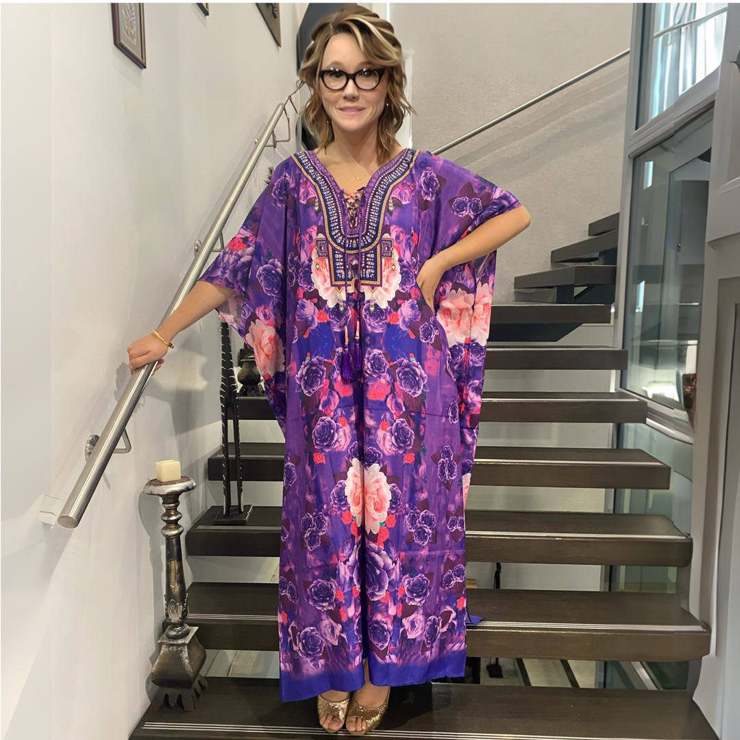 Purple Bloom Maya Kaftan with Front Tie Sizes Available AU 14-32