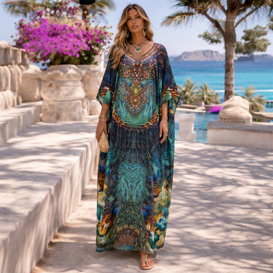 Riviera Bliss Maya Silk mix Bling Kaftan.         Sizes Available AU 12-32