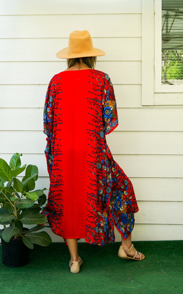 Red floral Cotton Maya Kaftan Free size