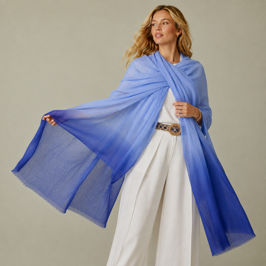 Julian 100% Cashmere Ultra fine  oversized scarf/ wrap/ shawl-Gradient Blue