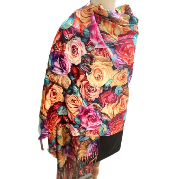 DEIA Black Floral Mixed Cashmere Blend Scarf - Sustainable & Soft