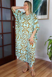 MAYA LONG KAFTAN - BLUE/TAUPE