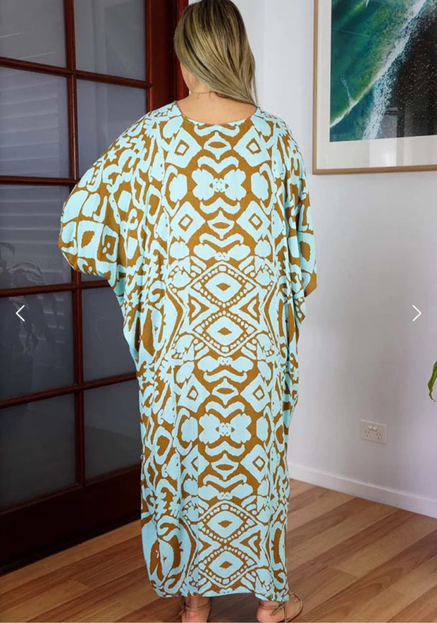 MAYA LONG KAFTAN - BLUE/TAUPE