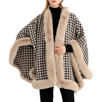 Hooded Poncho with Faux Fur Trim Free Size
