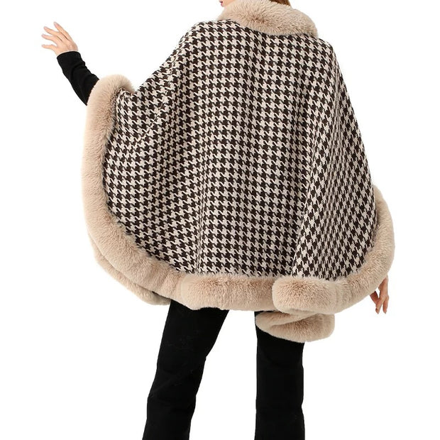 Beige Houndstooth Poncho with Faux Fur Trim Free Size
