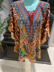 Animal Print Short Kyra Tunic Top - Viscose Silk Kaftan